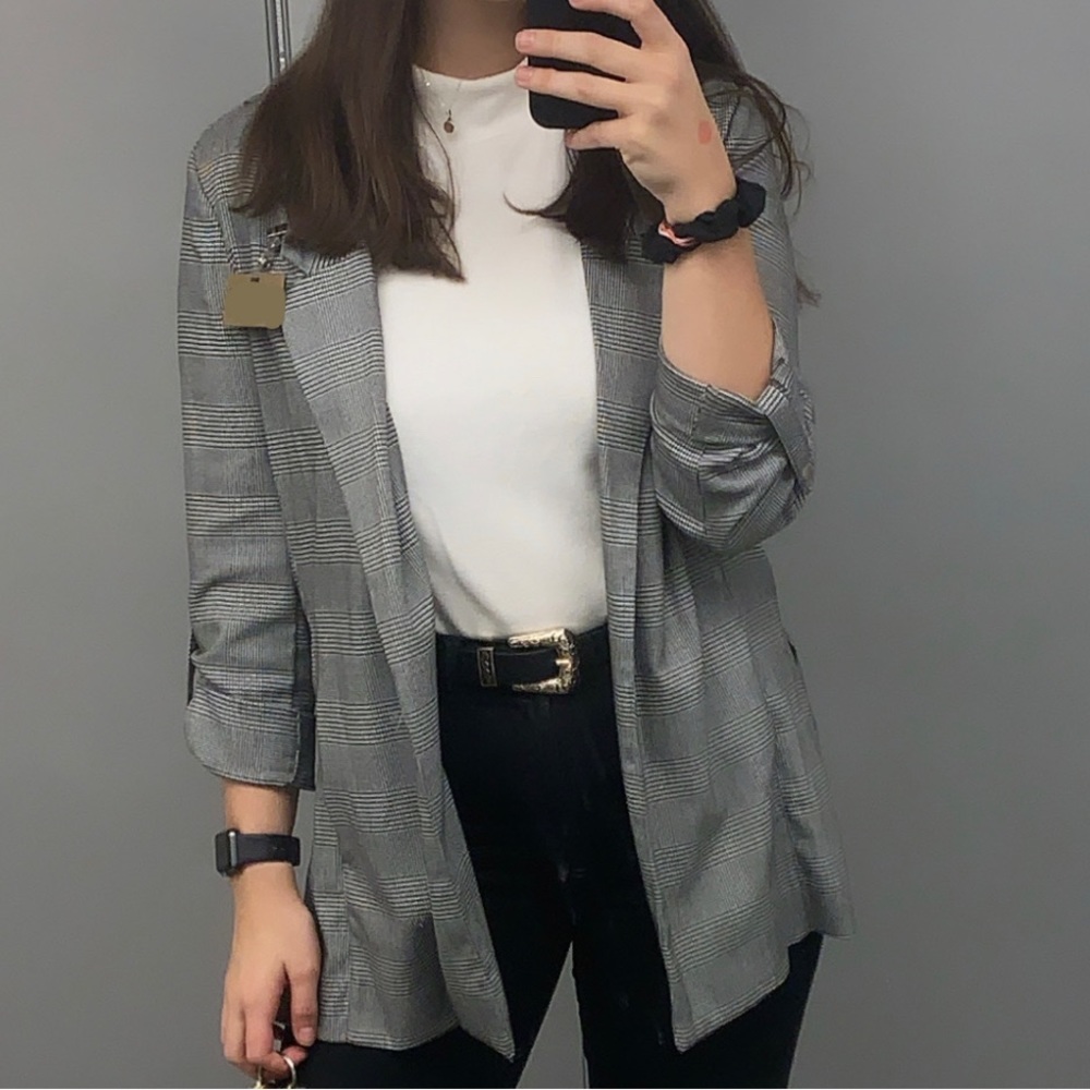 Stradivarius White Black Plaid Light Blazer